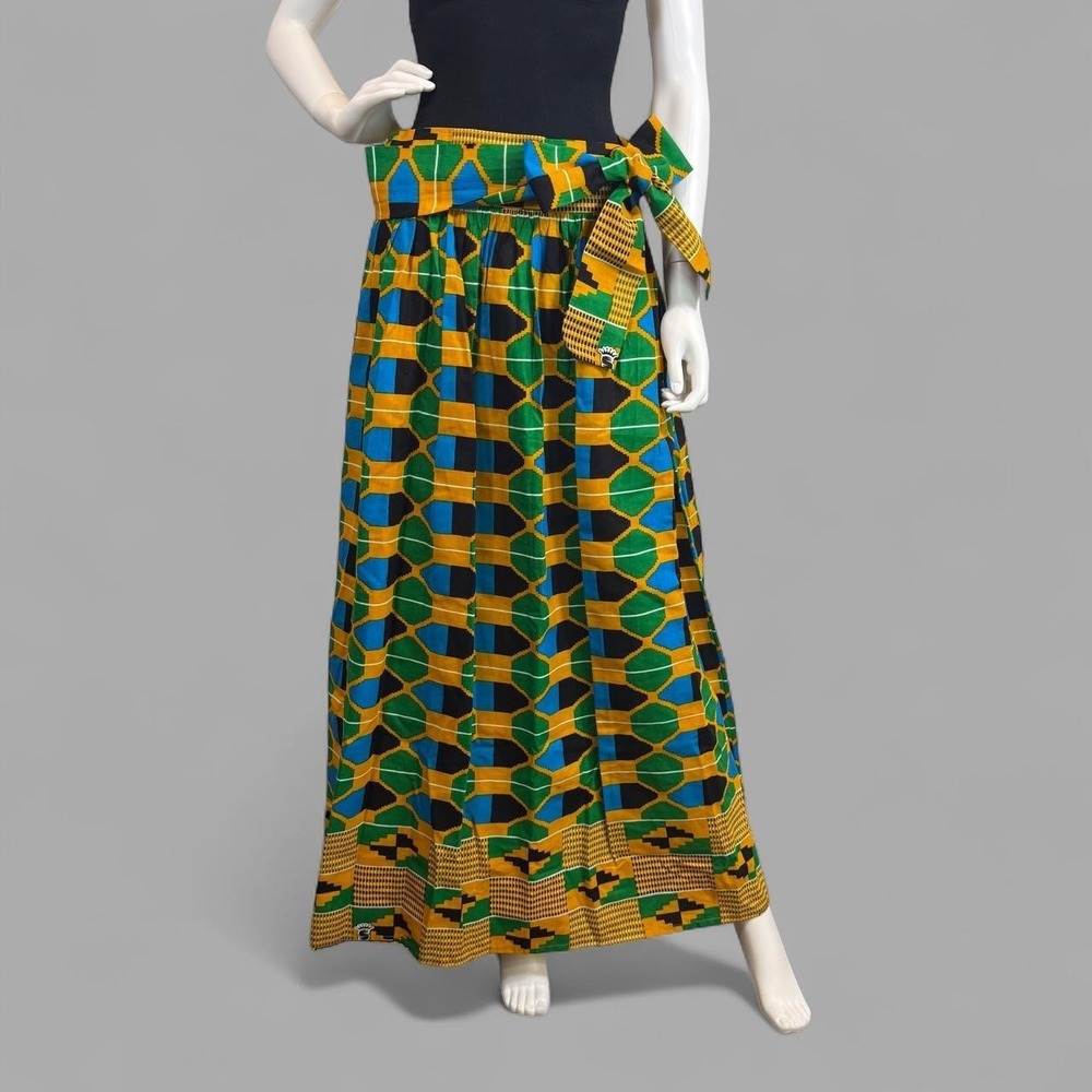 Supreme Kente Print Maxi Skirt African Print Geometric High Waist Green Yellow
